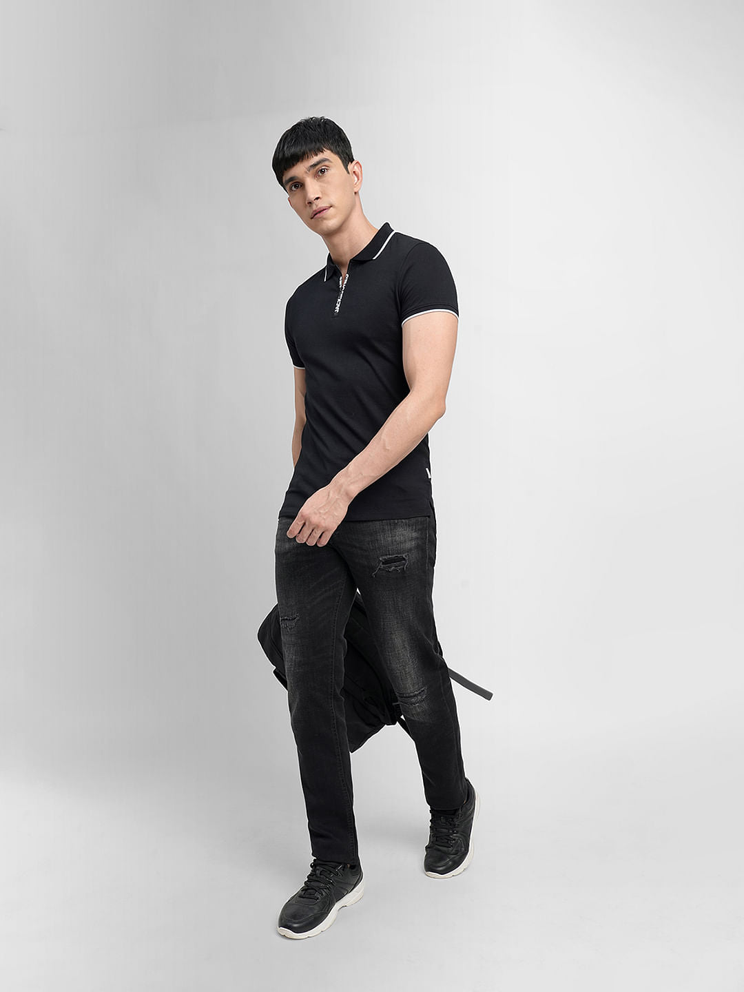 Black Logo Print Polo Neck T-shirt - S