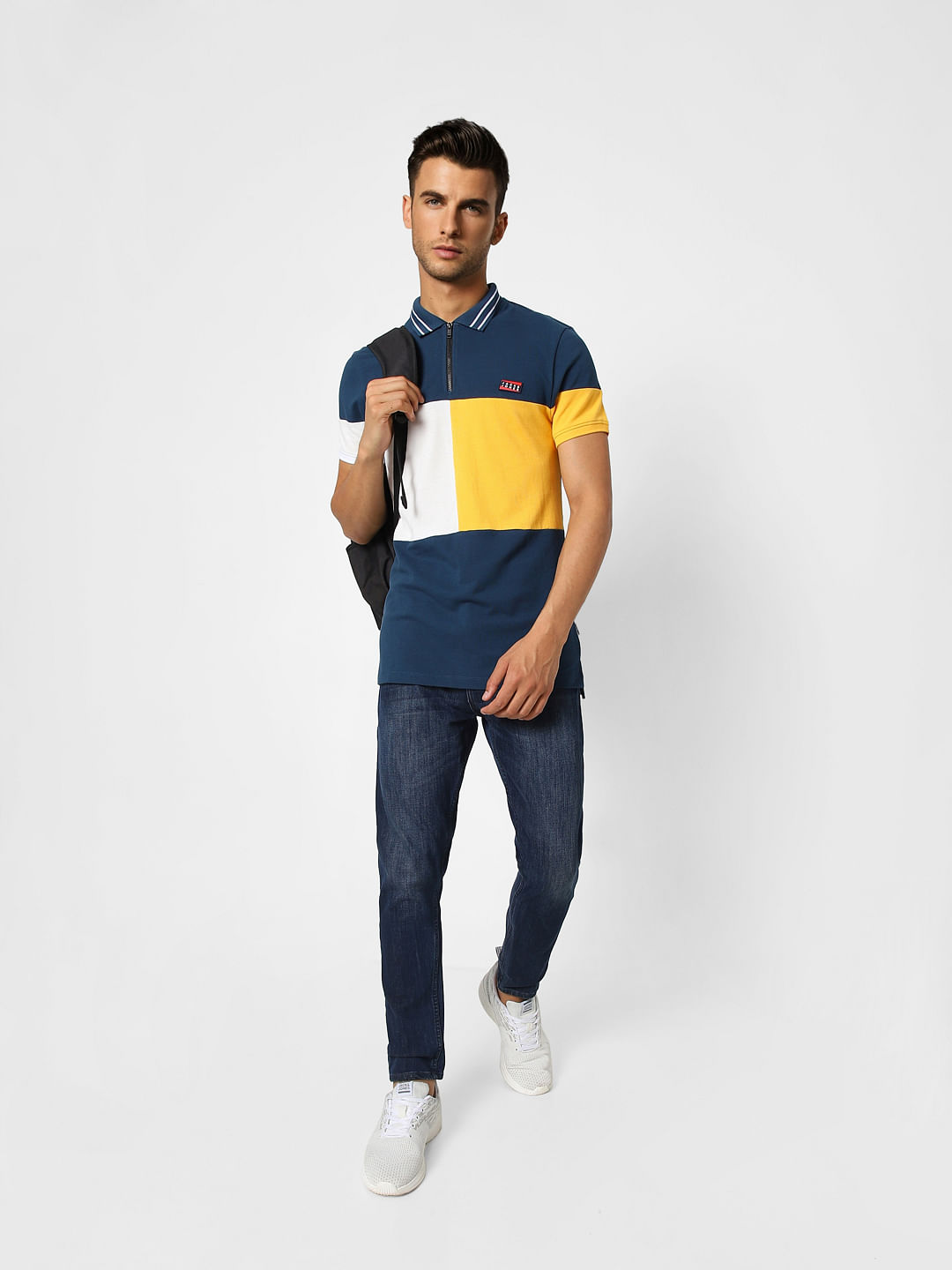 Blue Colourblocked Polo Neck T-shirt - S