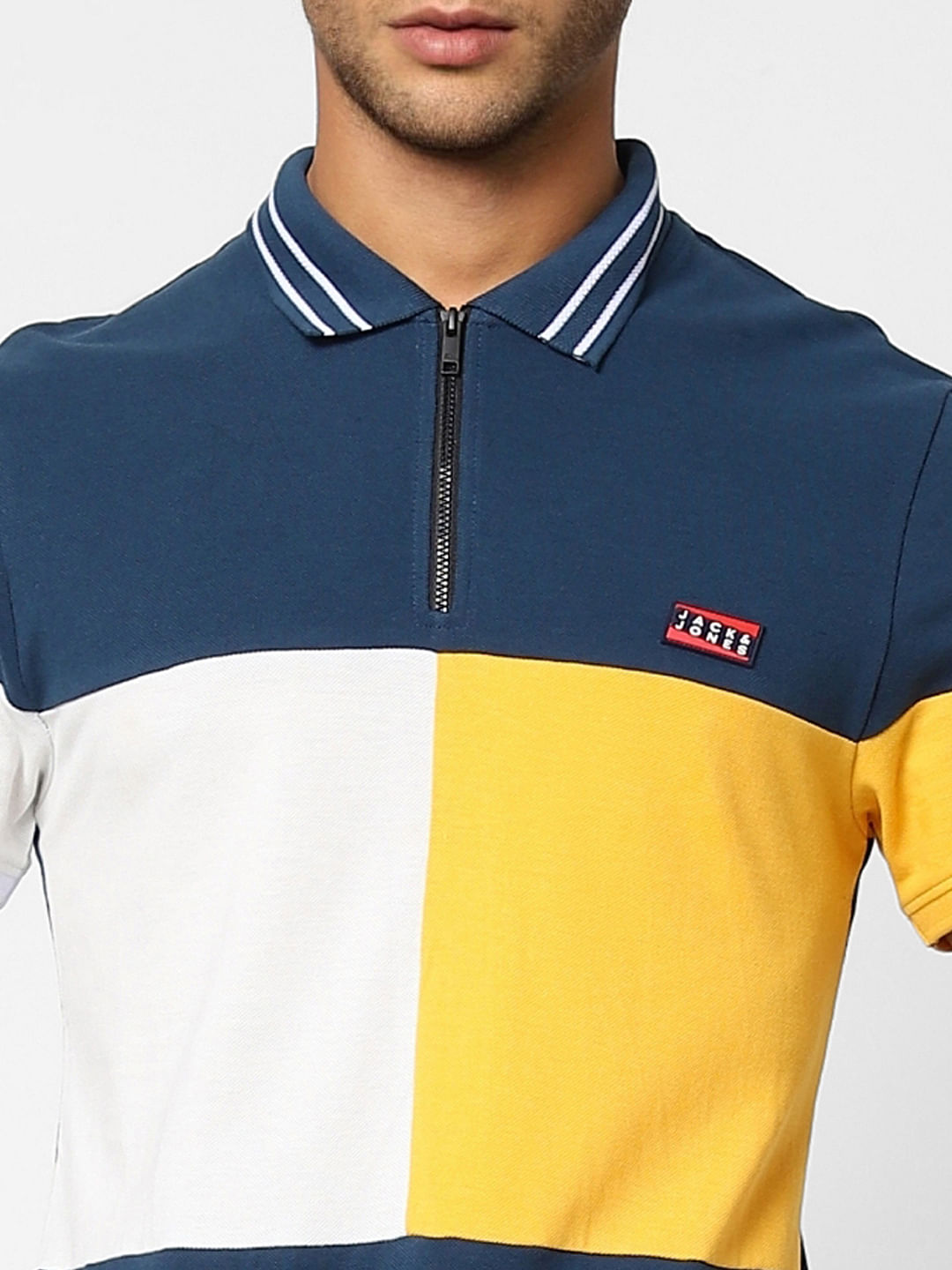 Blue Colourblocked Polo Neck T-shirt