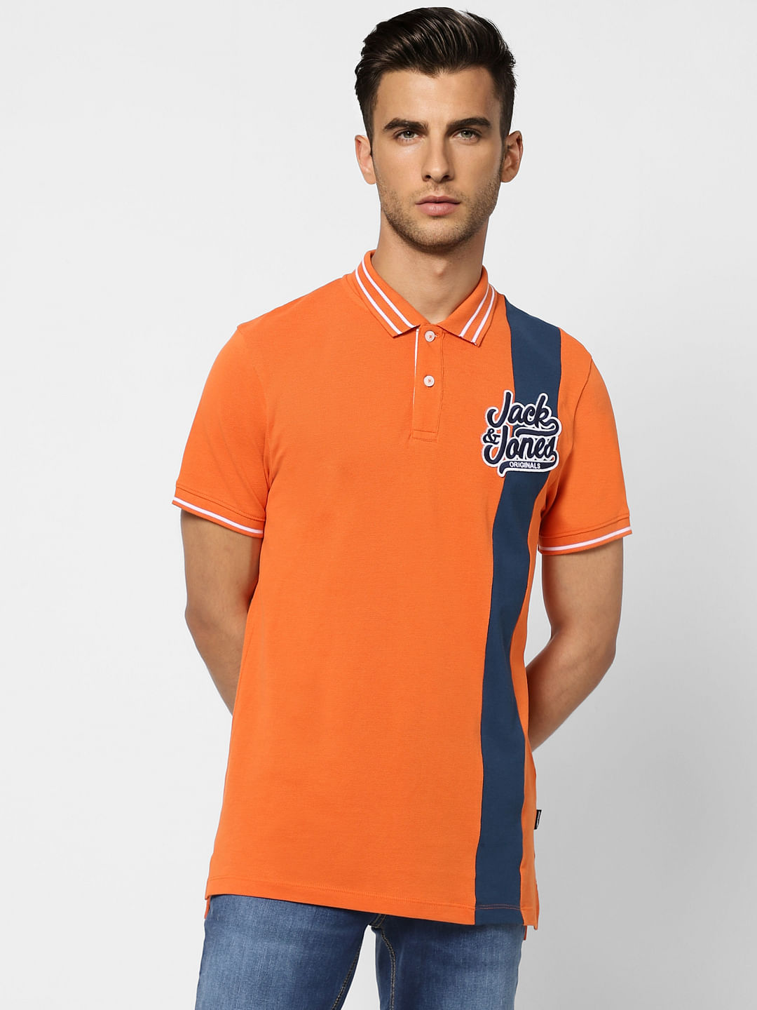 Orange Logo Print Polo Neck T-shirt