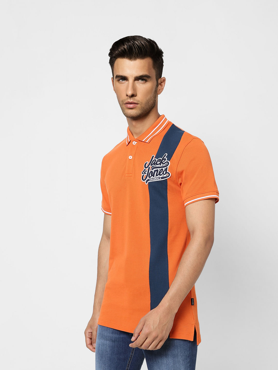 Orange Logo Print Polo Neck T-shirt