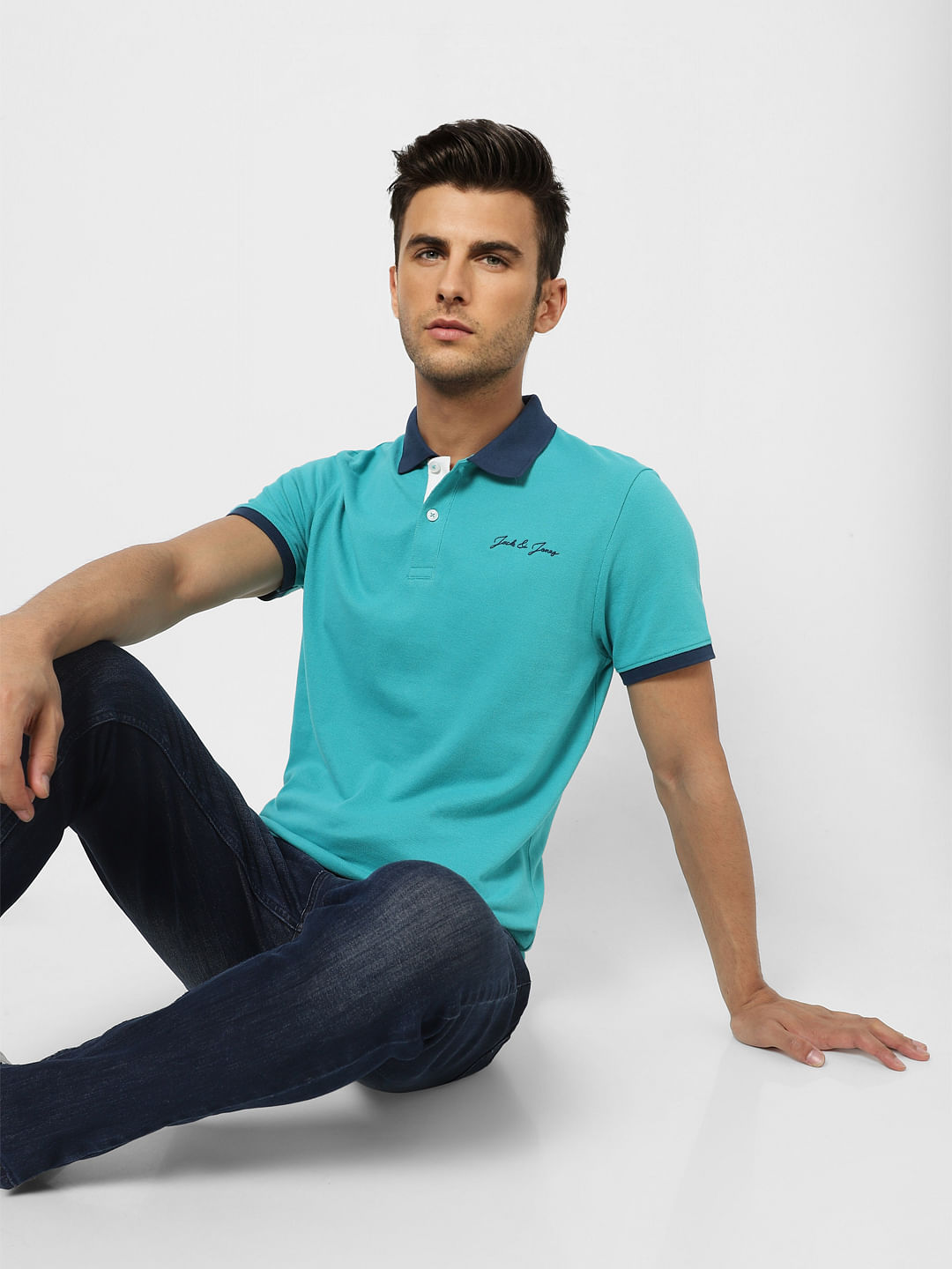 Blue Contrast Tipping Polo Neck T-shirt - S