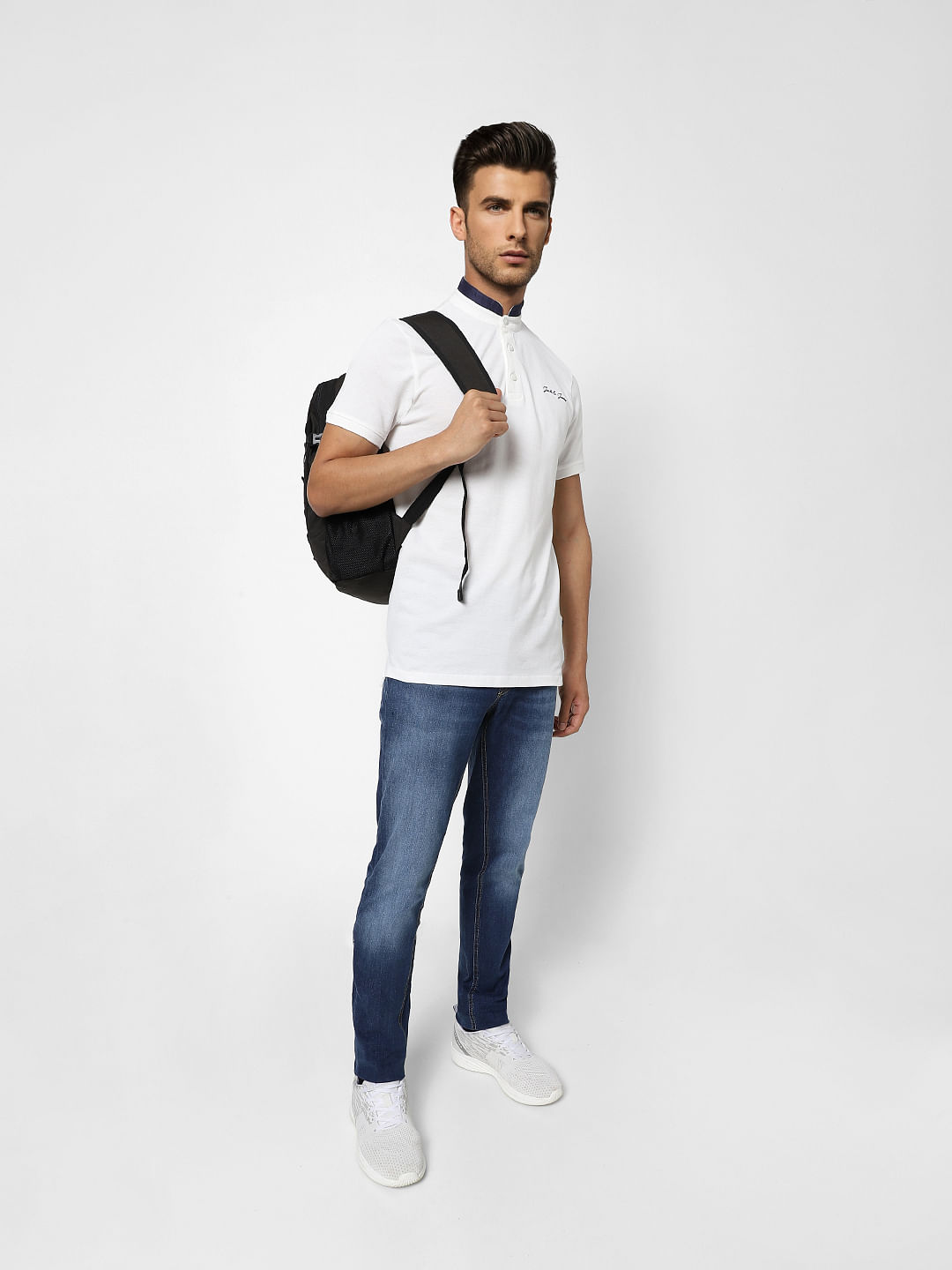 White Contrast Tipping Polo Neck T-shirt - S