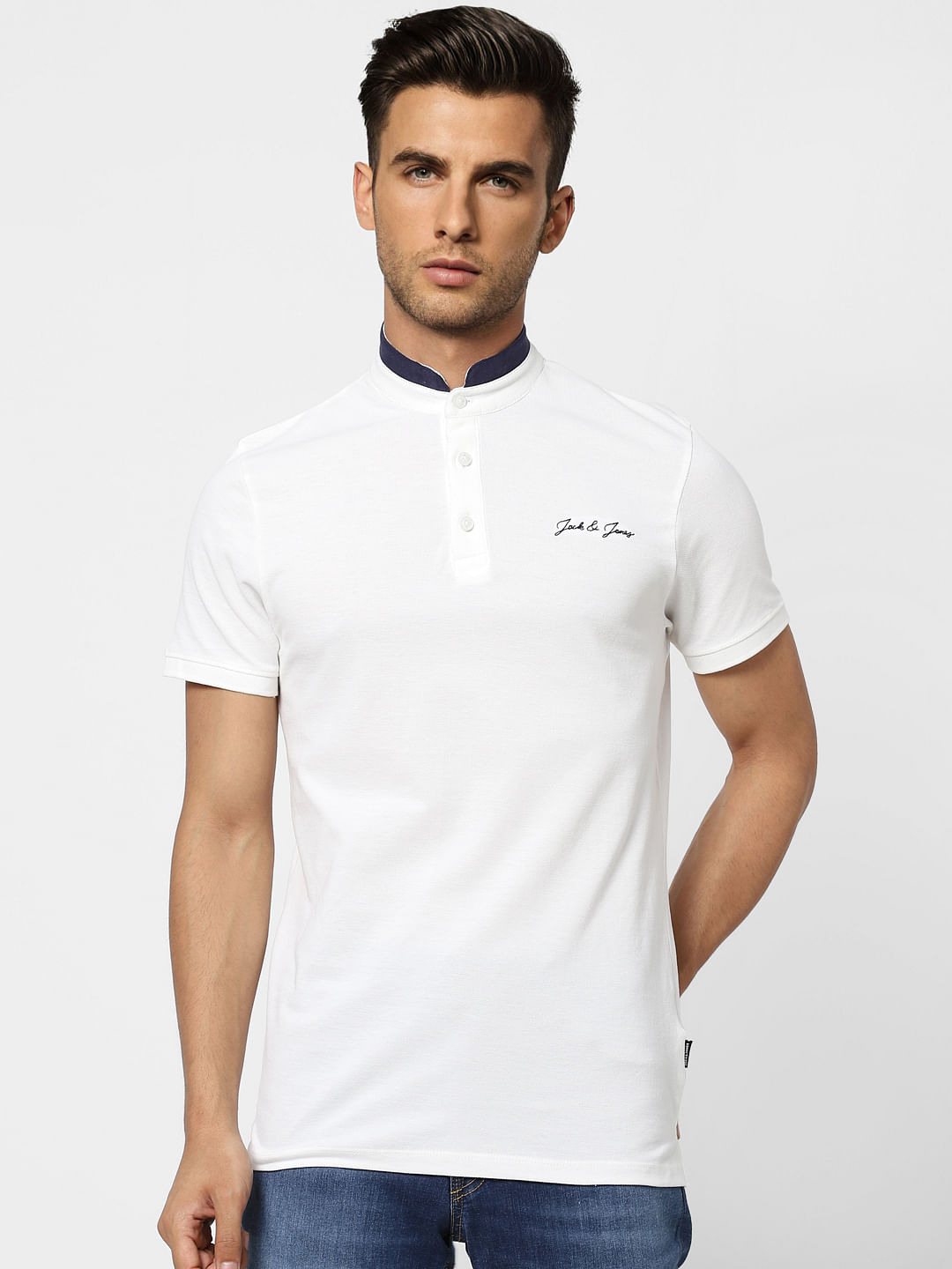 White Contrast Tipping Polo Neck T-shirt