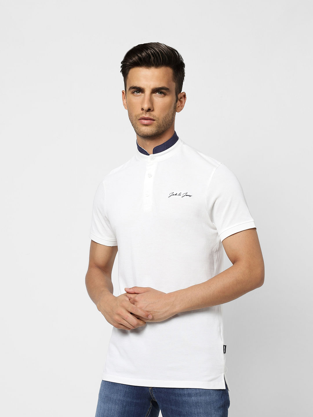 White Contrast Tipping Polo Neck T-shirt