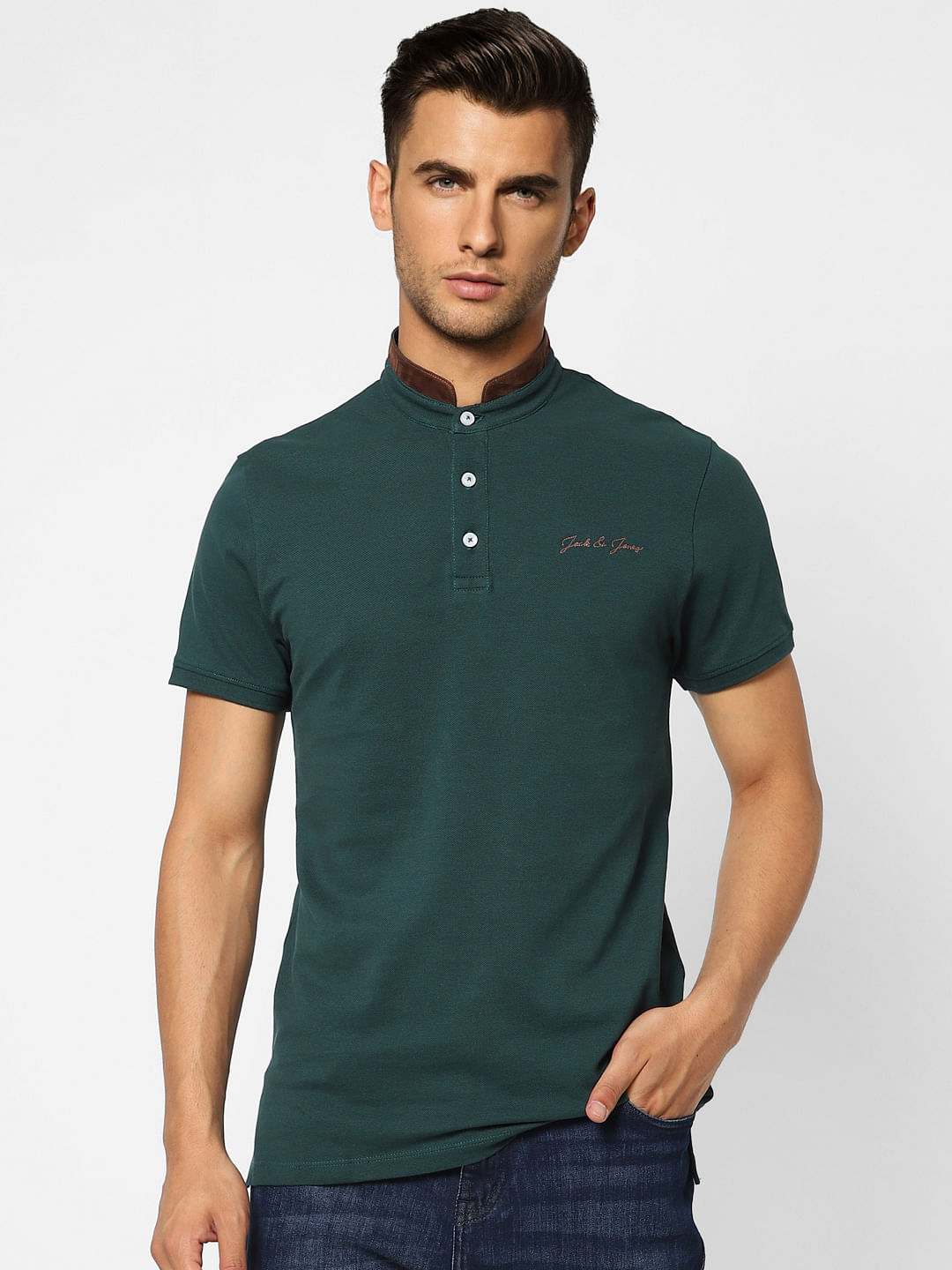 Green Logo Print Polo Neck T-shirt