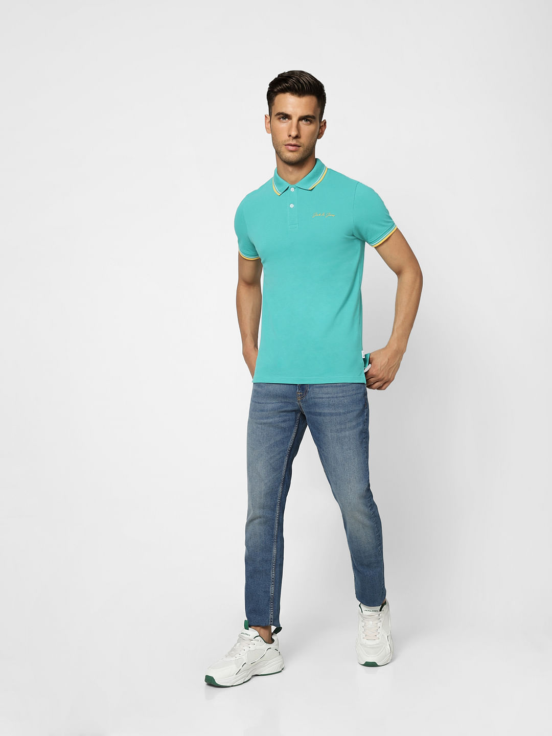 Teal Blue Logo Print Polo T-shirt