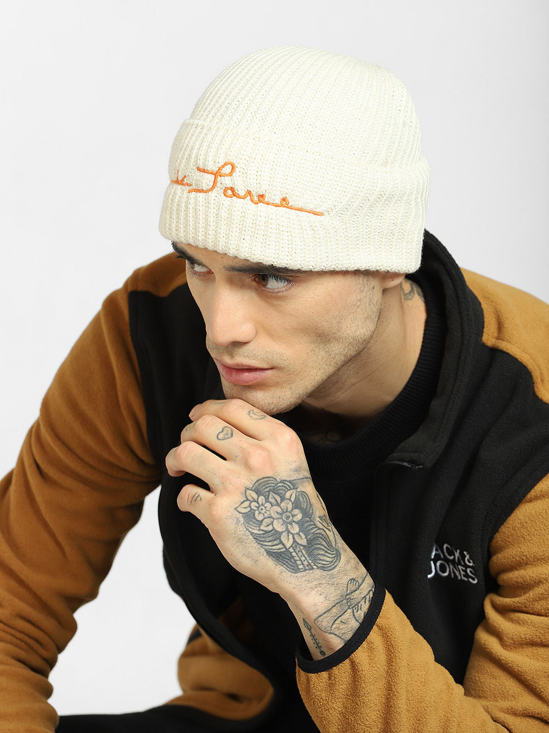 Cream Logo Print Beanie - ONE