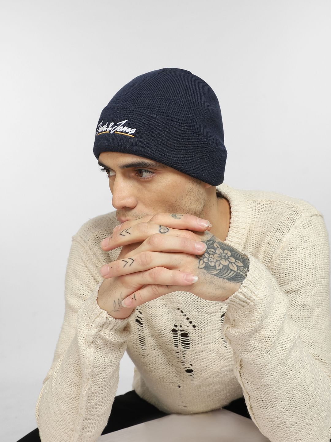 Navy Blue Logo Print Beanie - ONE