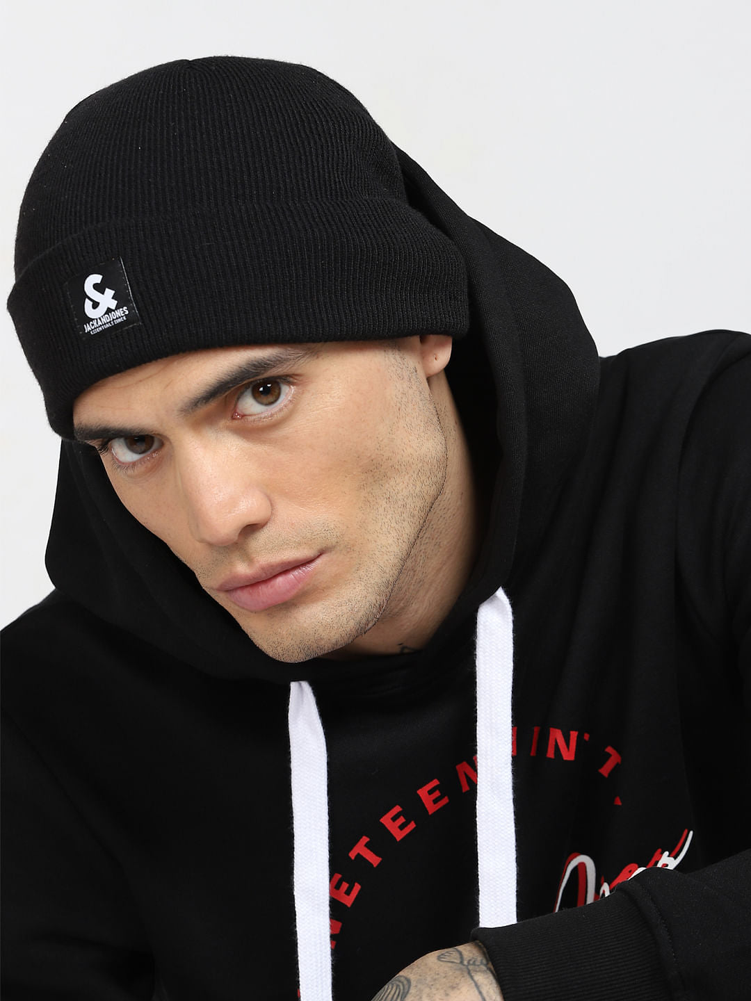 Black Logo Print Beanie - ONE