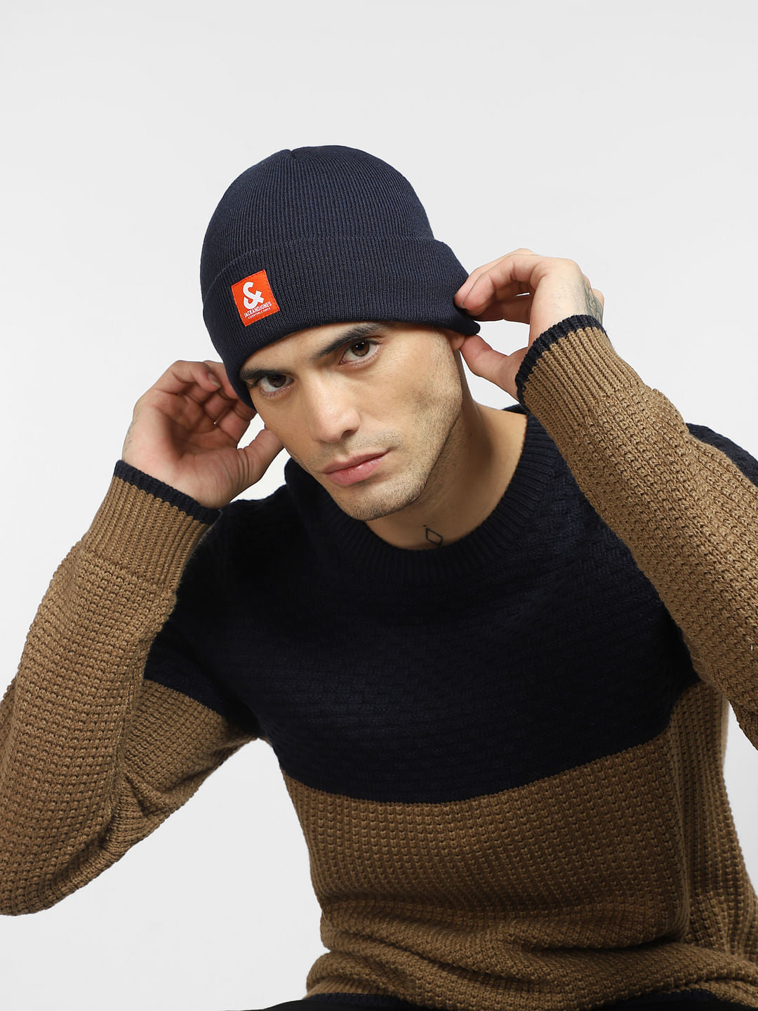 Dark Blue Logo Print Beanie - ONE