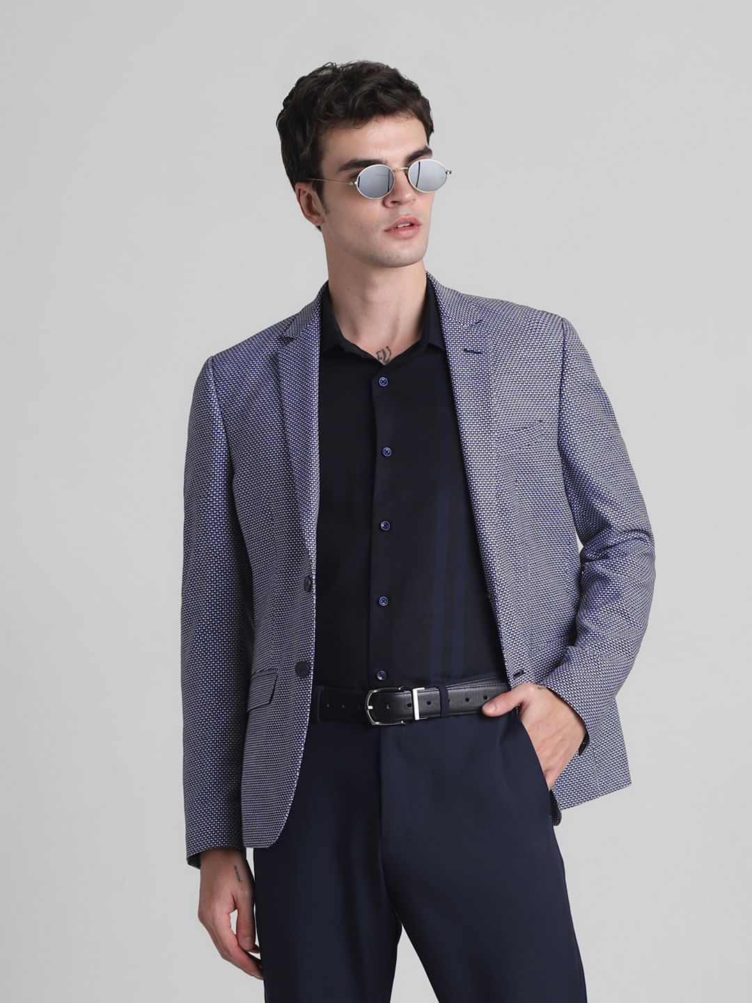 Blue Printed Dobby Blazer - 52