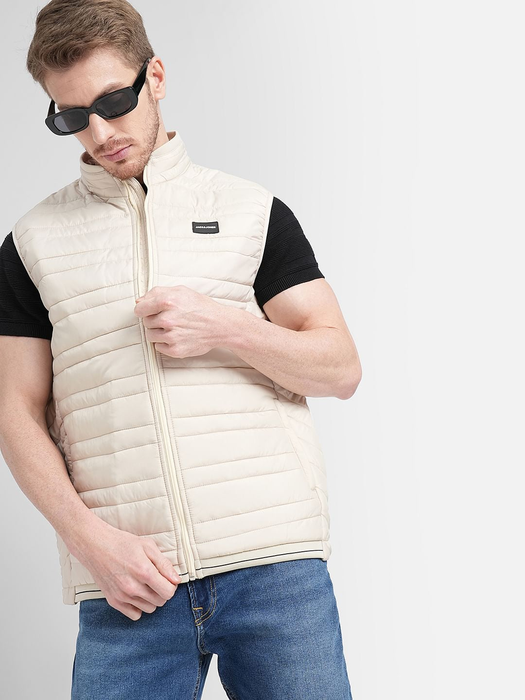 Cream High Neck Puffer Vest - S