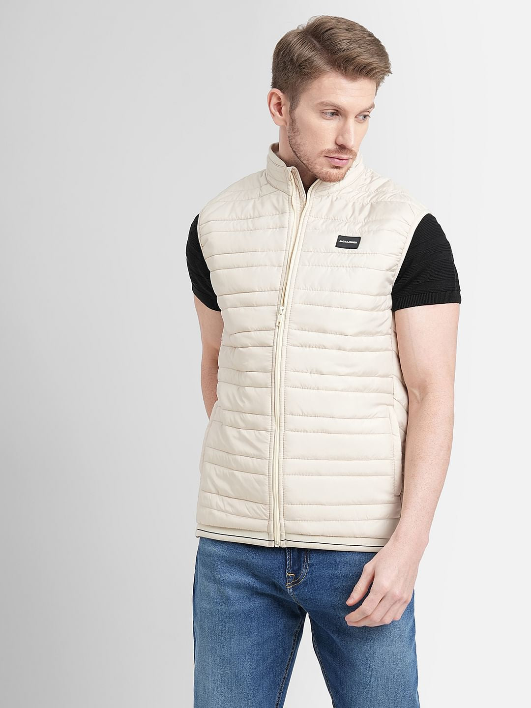 Cream High Neck Puffer Vest