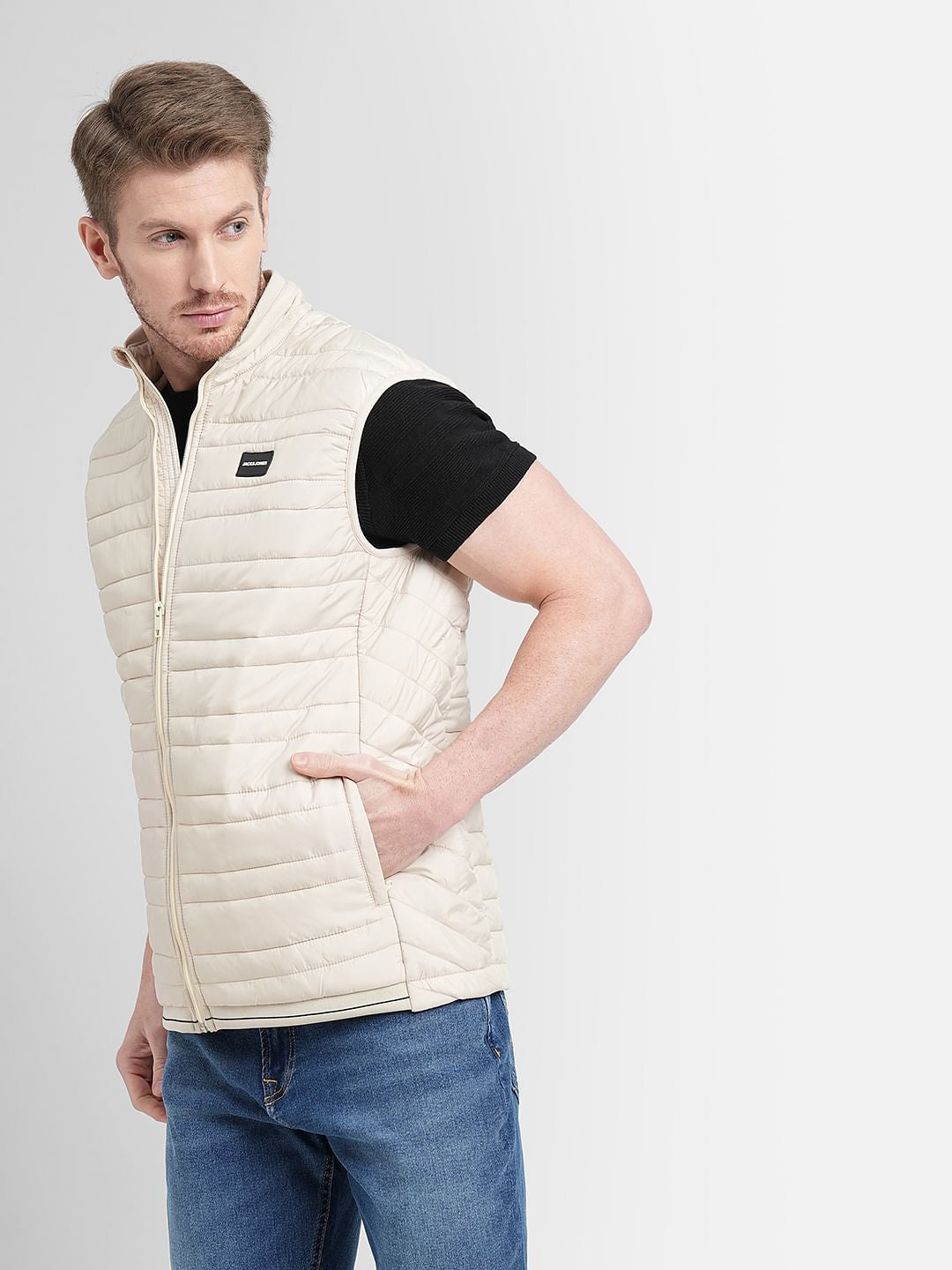 Cream High Neck Puffer Vest