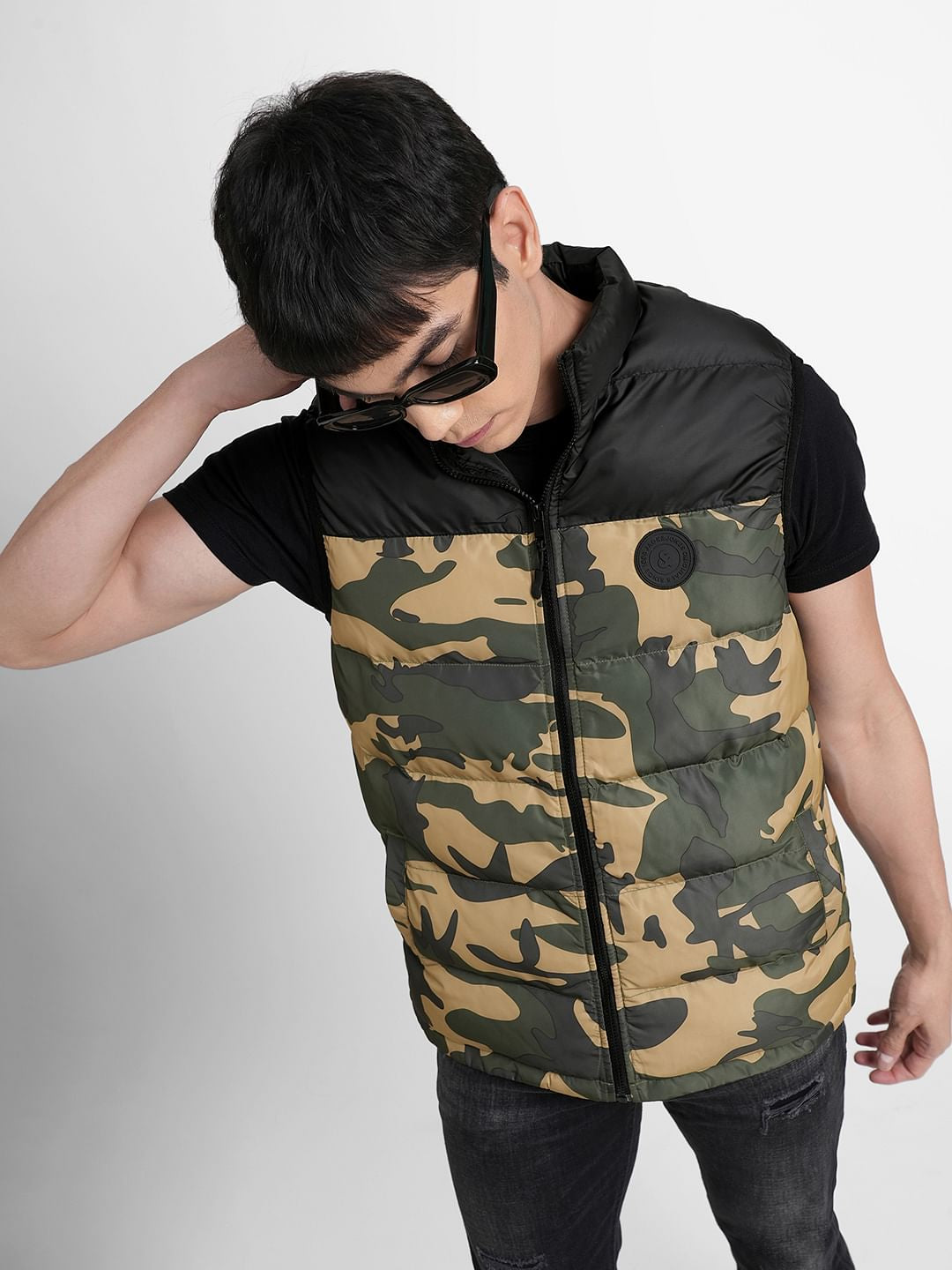 Green Camo Print Puffer Vest - S