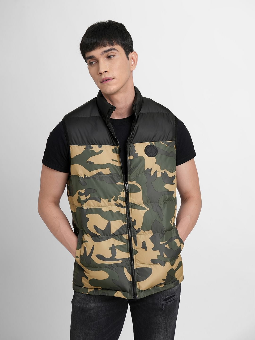 Green Camo Print Puffer Vest