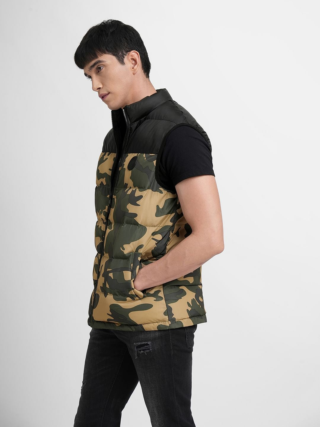 Green Camo Print Puffer Vest