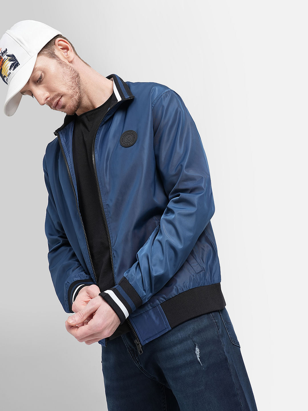 Blue High Neck Casual Jacket - S