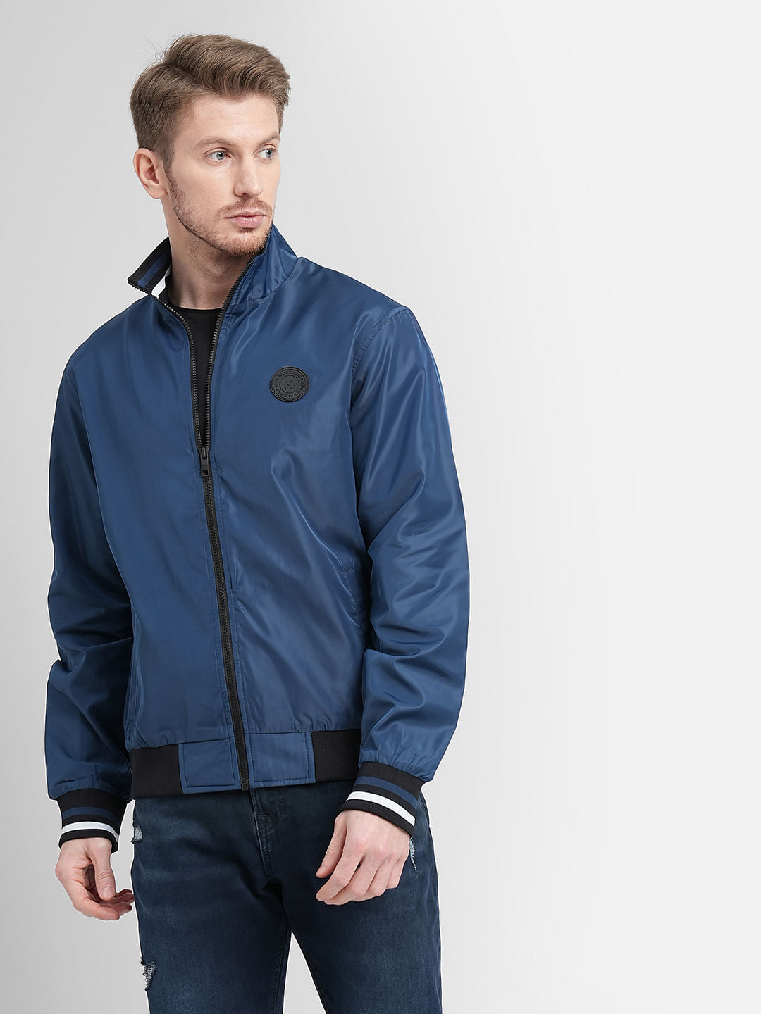 Blue High Neck Casual Jacket