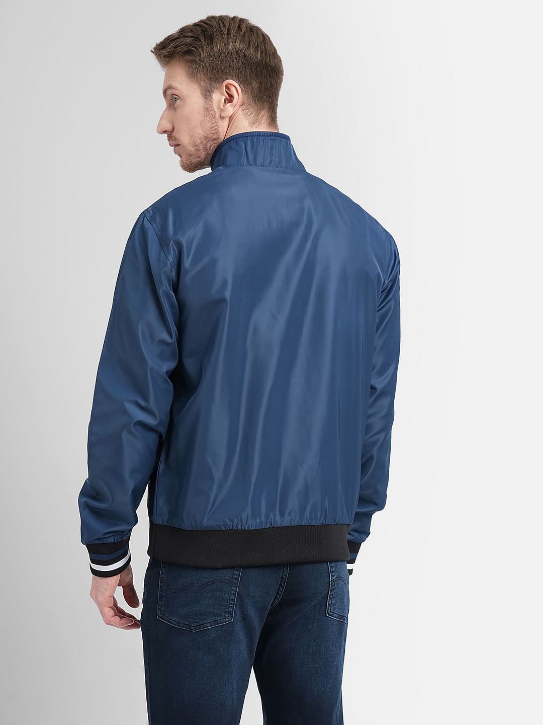 Blue High Neck Casual Jacket