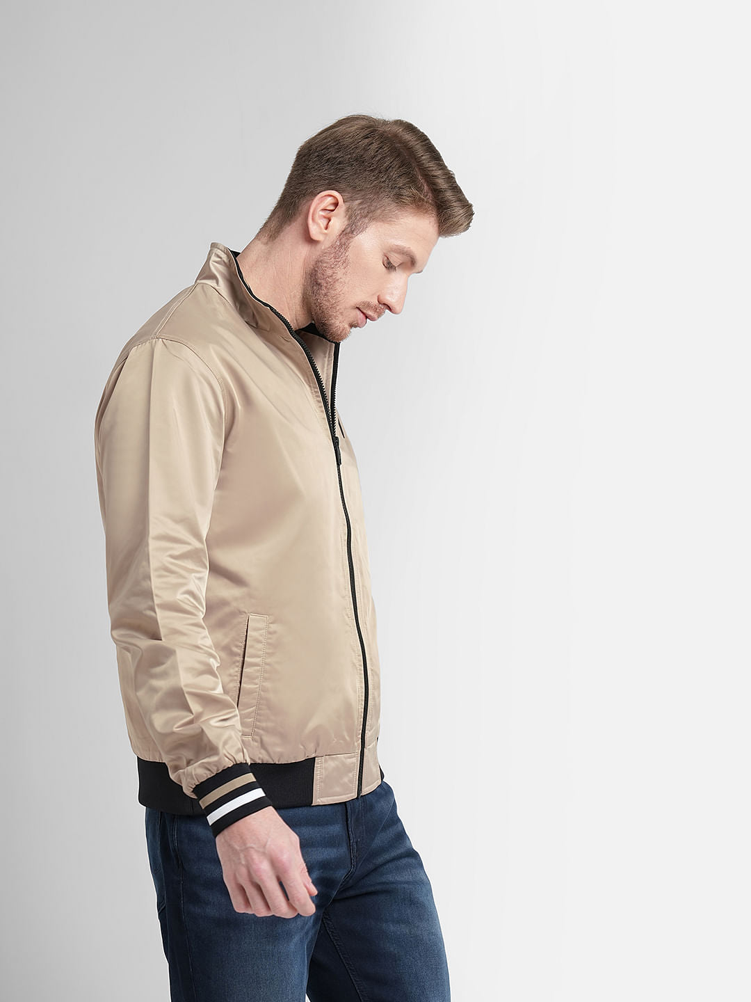 Beige High Neck Casual Jacket