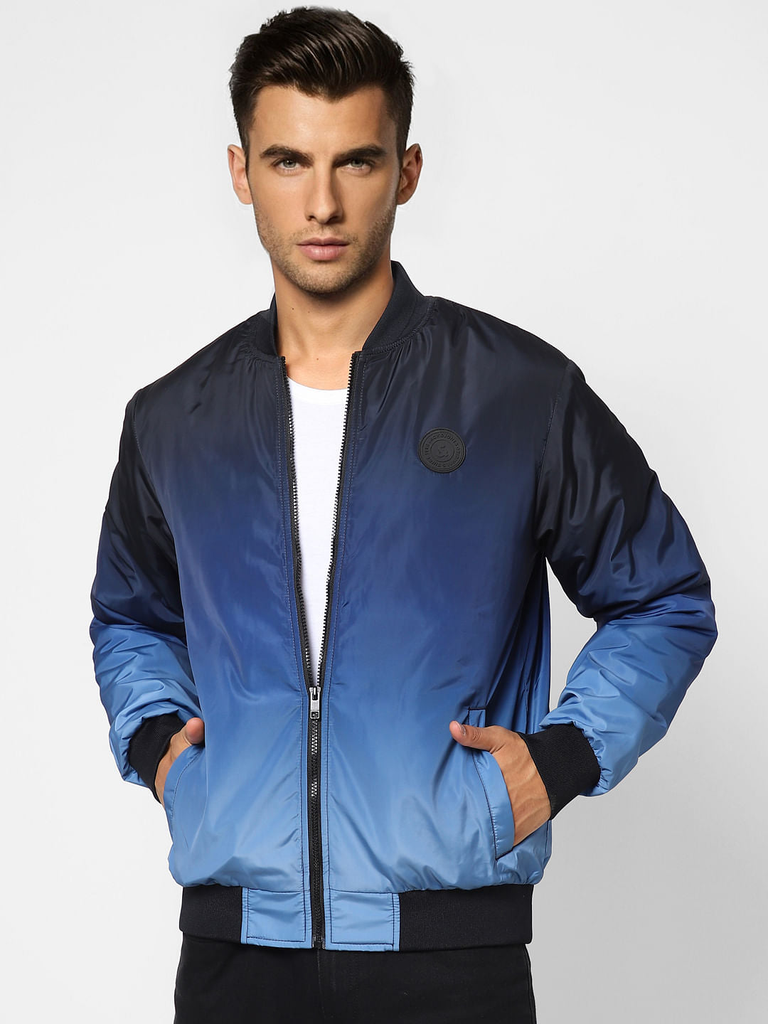 Blue Ombre Zip-Up Casual Jacket