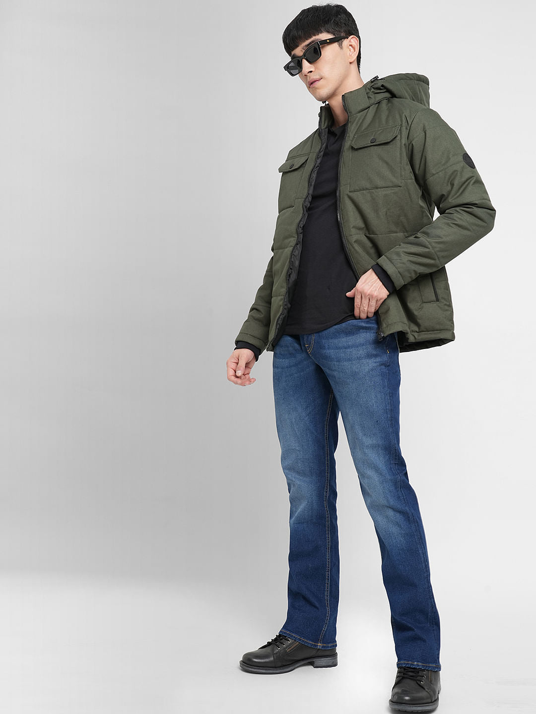 Green High Neck Hooded Puffer Jacket - S