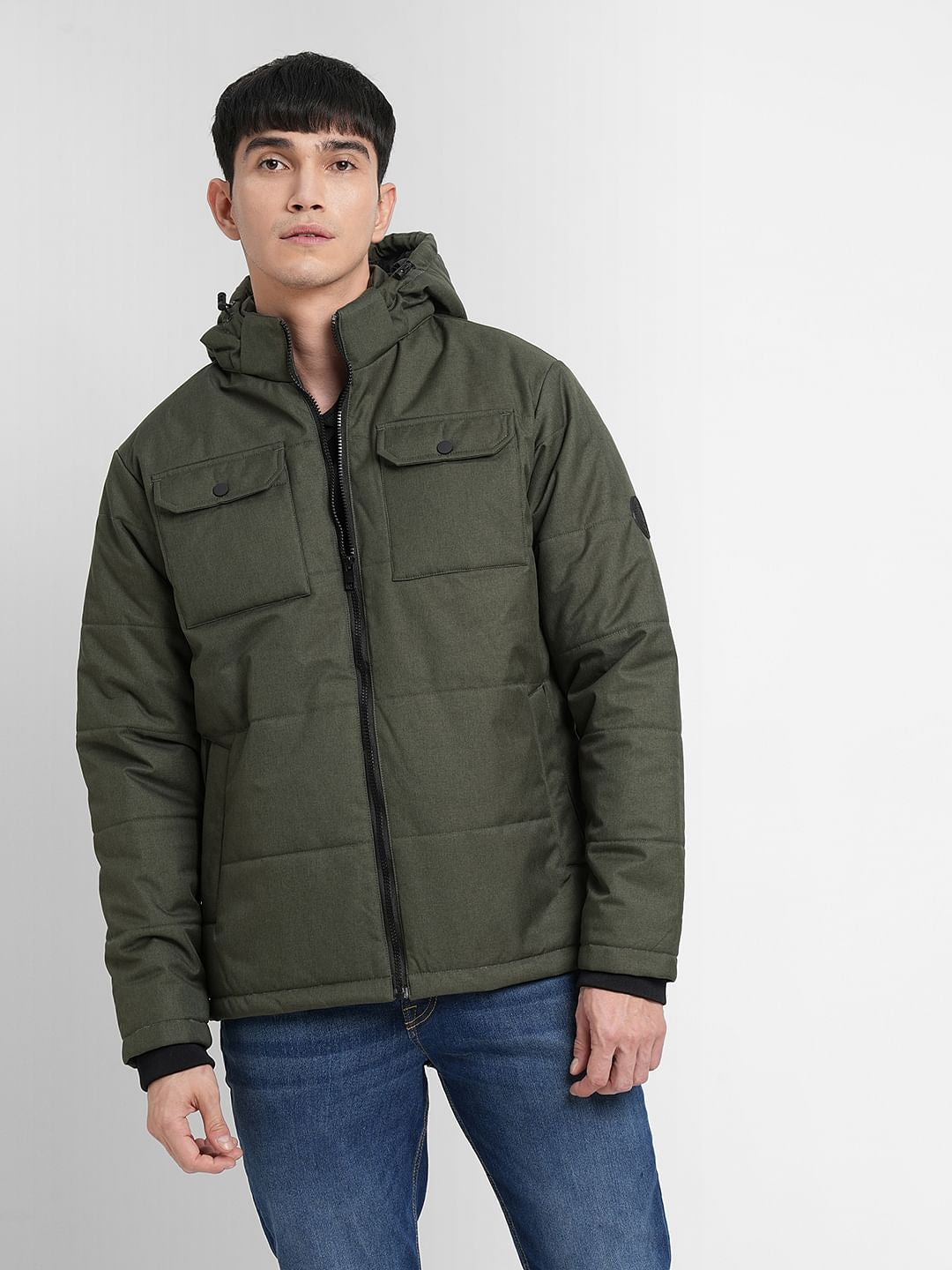 Green High Neck Hooded Puffer Jacket
