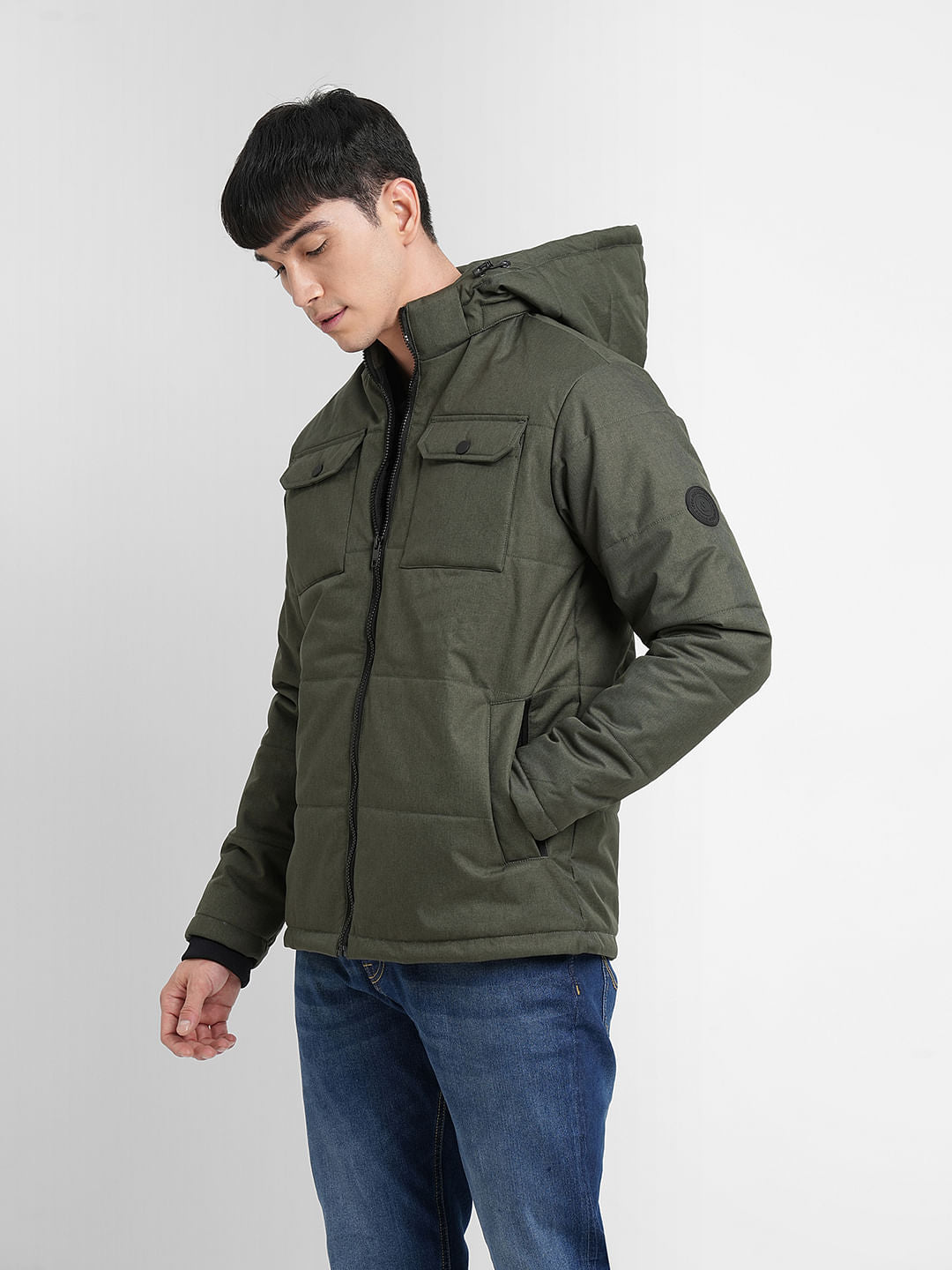 Green High Neck Hooded Puffer Jacket