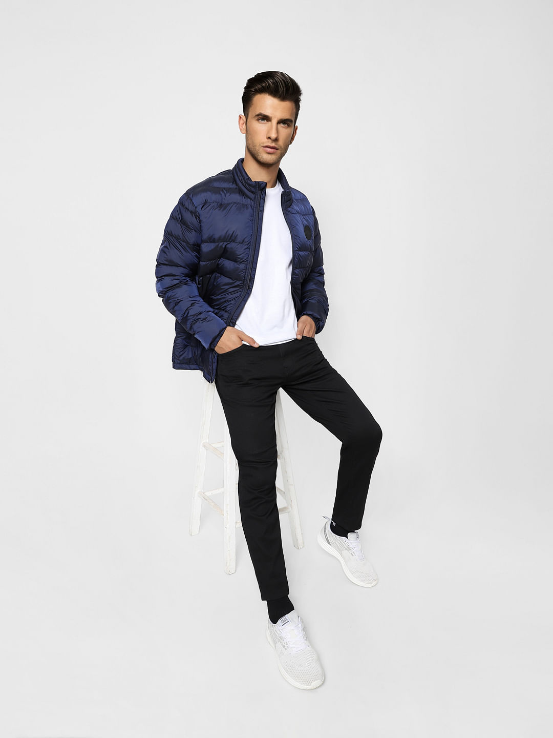 Dark Blue High Neck Puffer Jacket - S