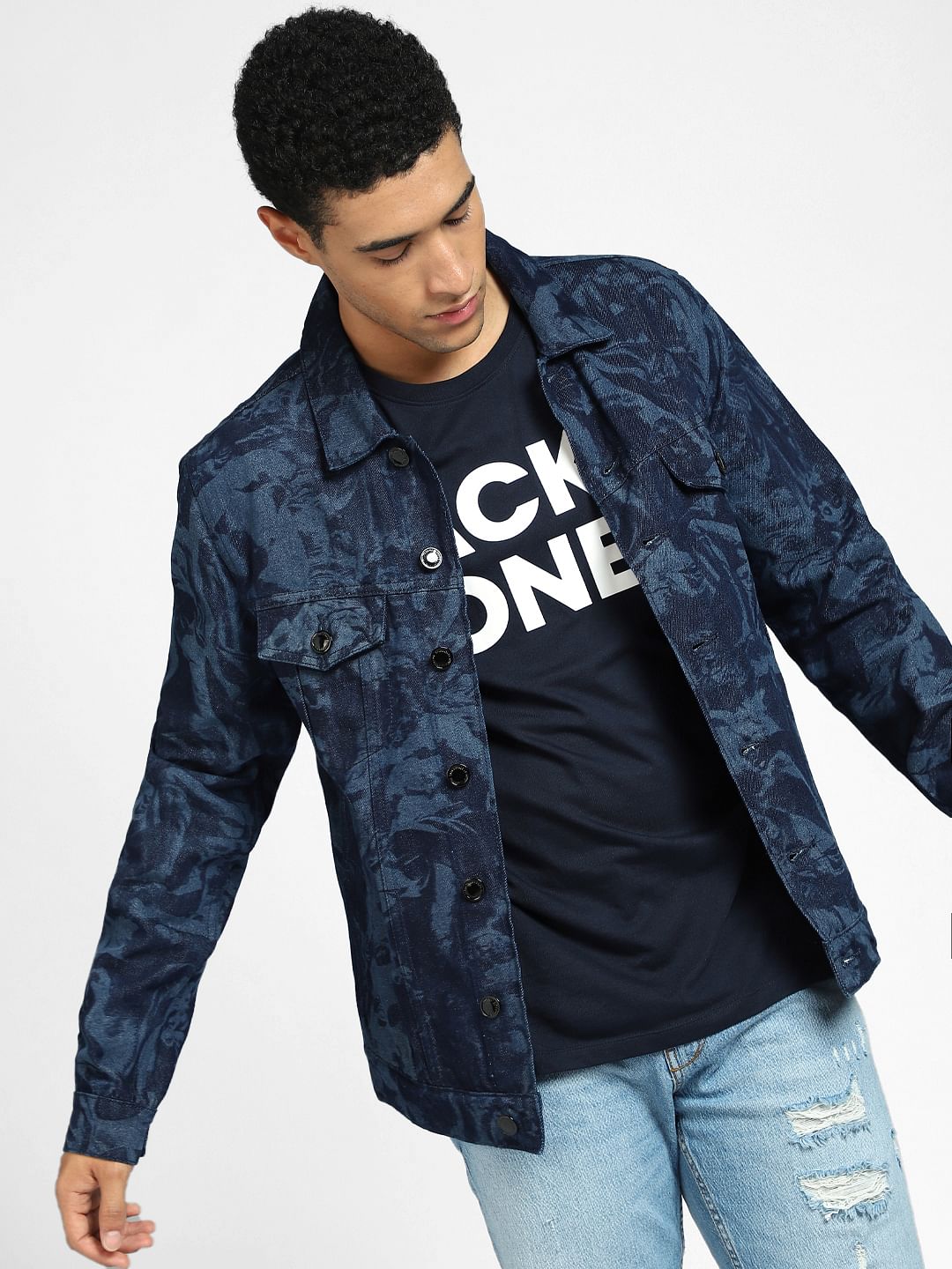 Dark Blue Printed Denim Jacket - S