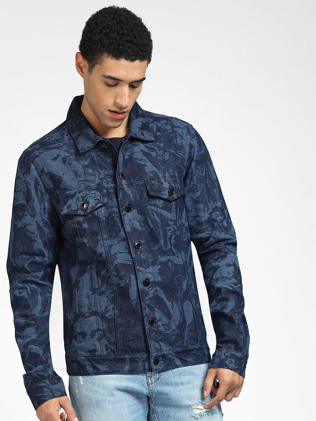 Dark Blue Printed Denim Jacket