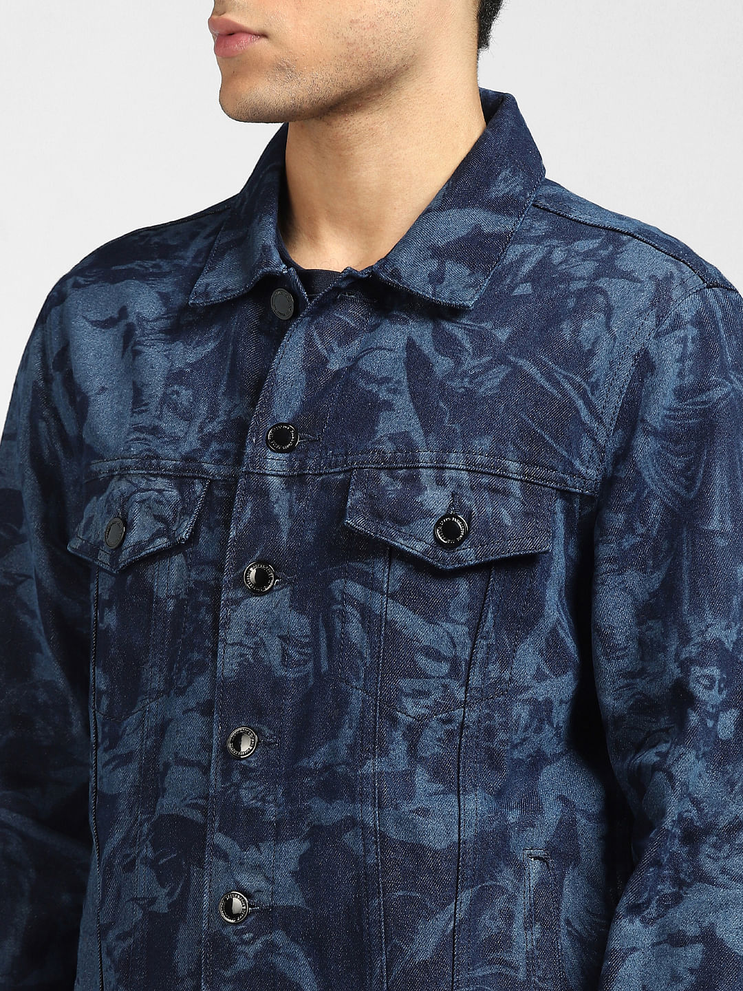 Dark Blue Printed Denim Jacket