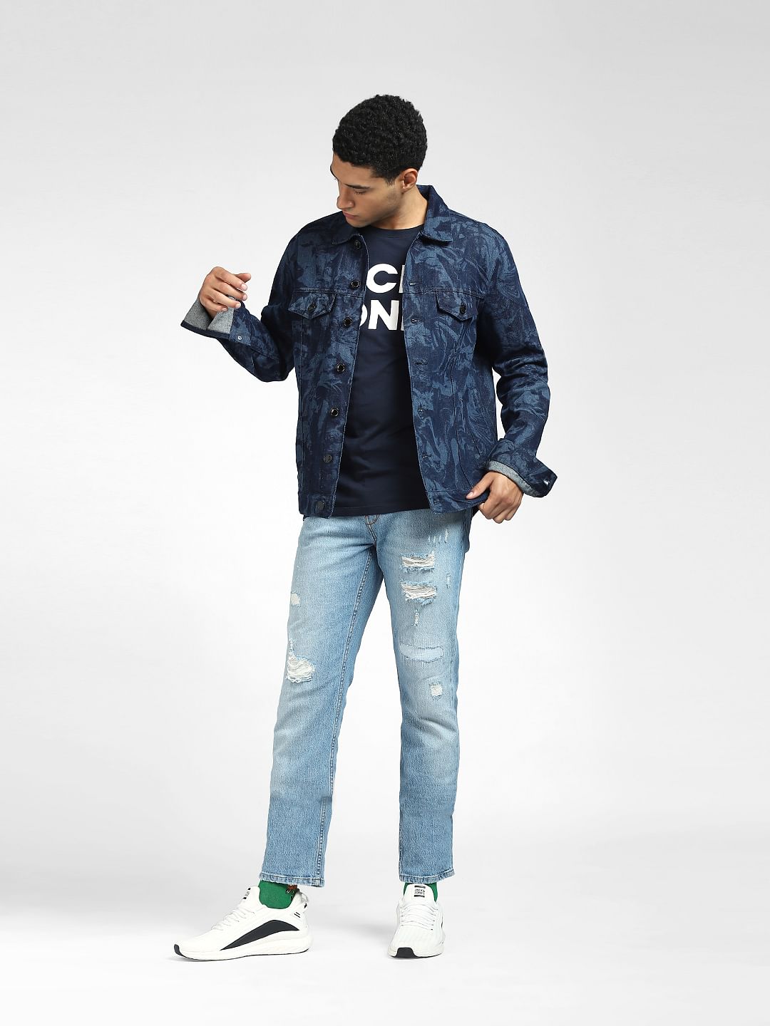 Dark Blue Printed Denim Jacket