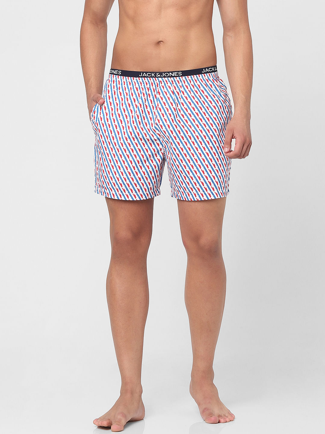 White & Blue Printed Boxers - S