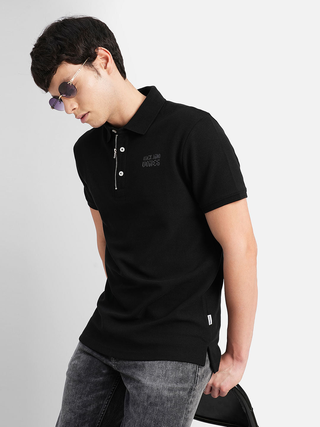 Black Logo Print Polo Neck T-shirt - S