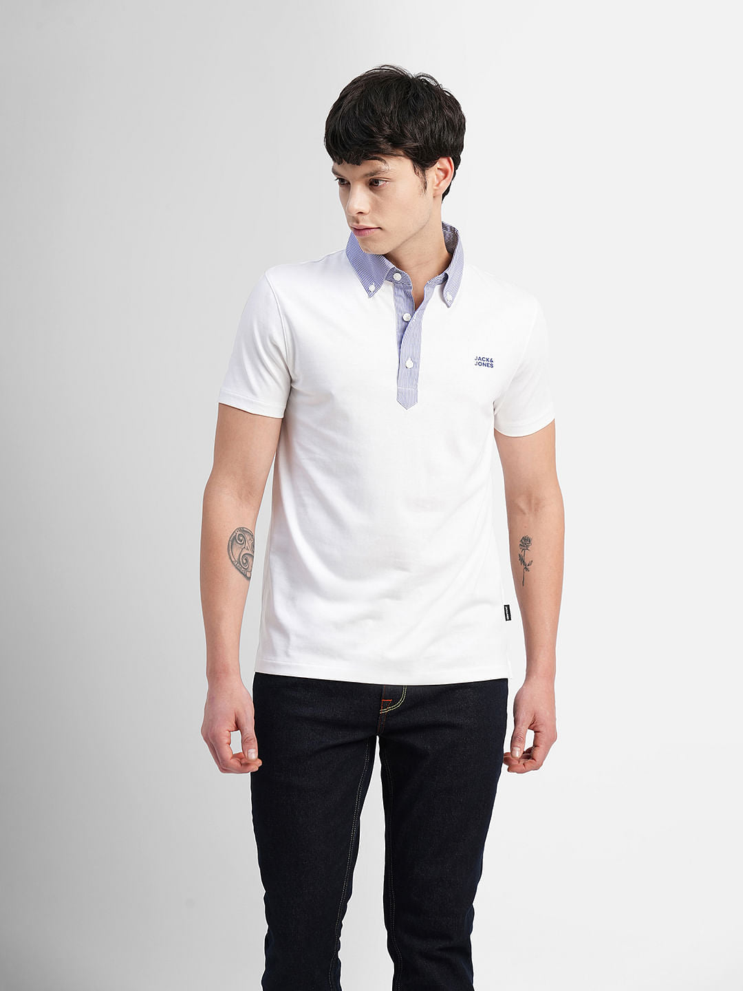 White Striped Collar Polo T-shirt