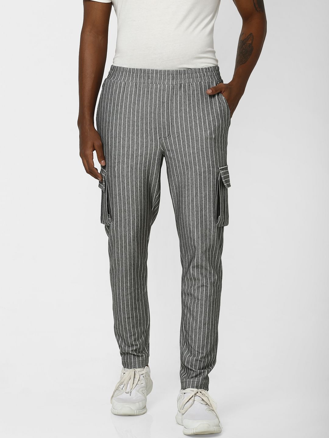 Grey Striped Regular Fit Pants