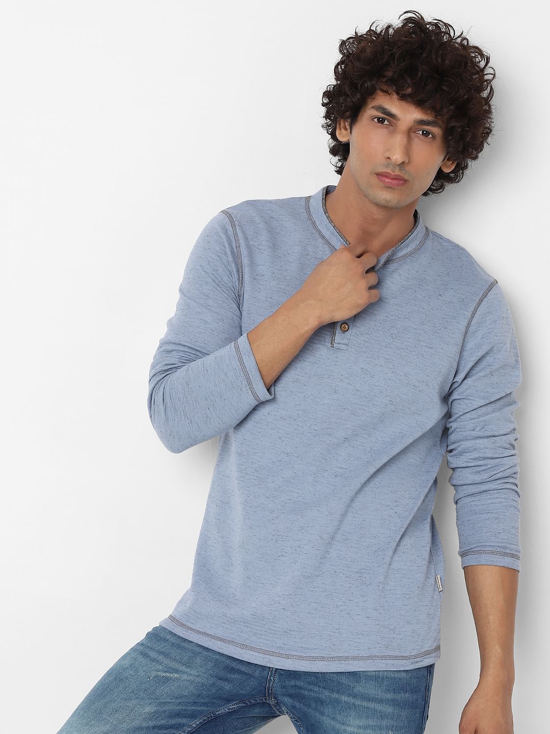 Blue Long Sleeves Henley Neck T-shirt - S
