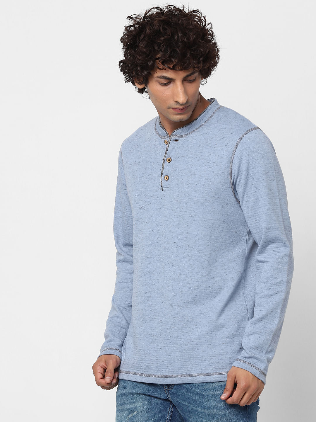 Blue Long Sleeves Henley Neck T-shirt