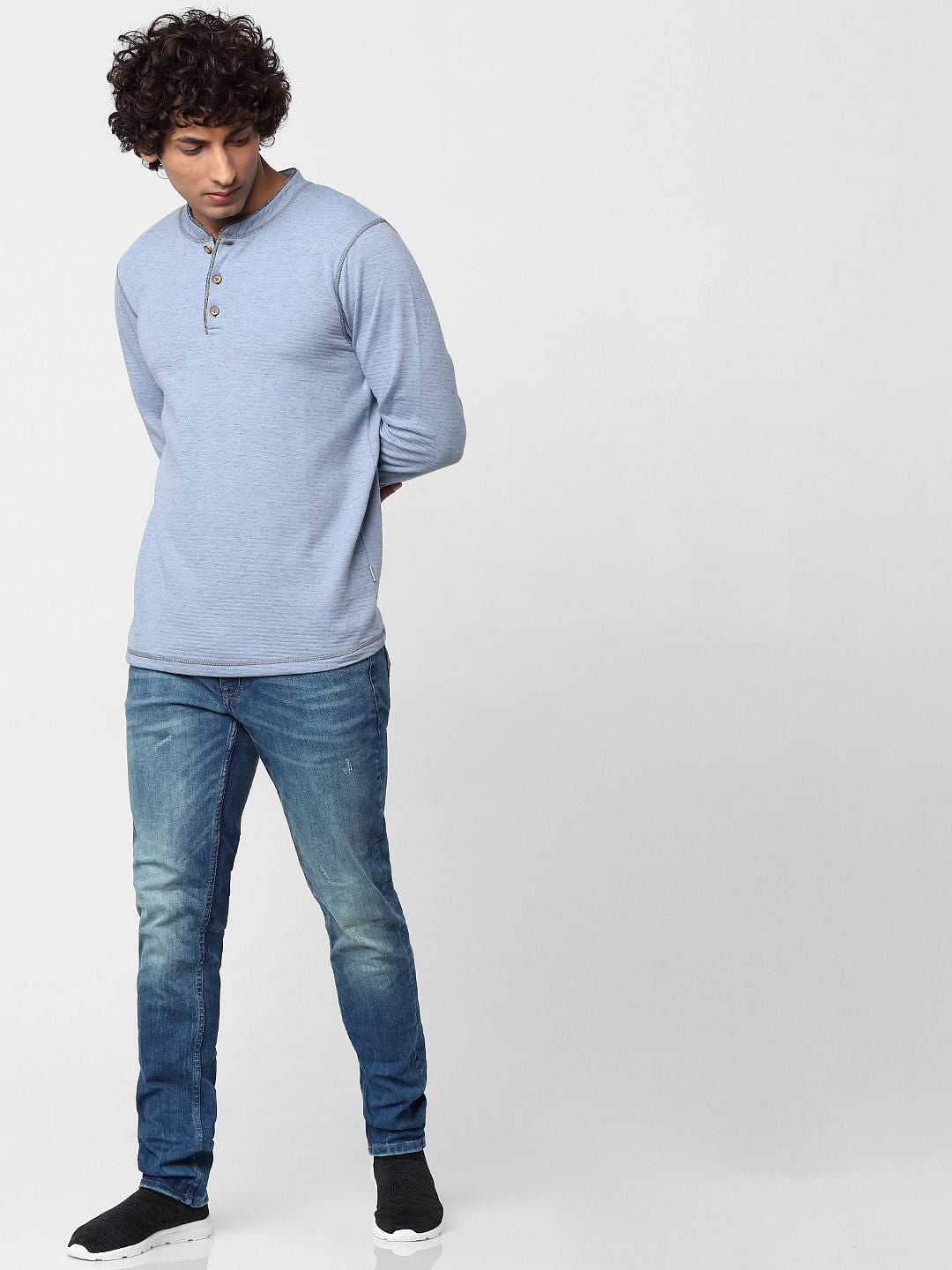 Blue Long Sleeves Henley Neck T-shirt