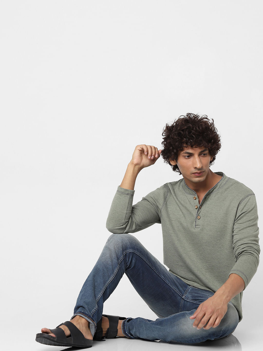 Green Long Sleeves Henley Neck T-shirt - S