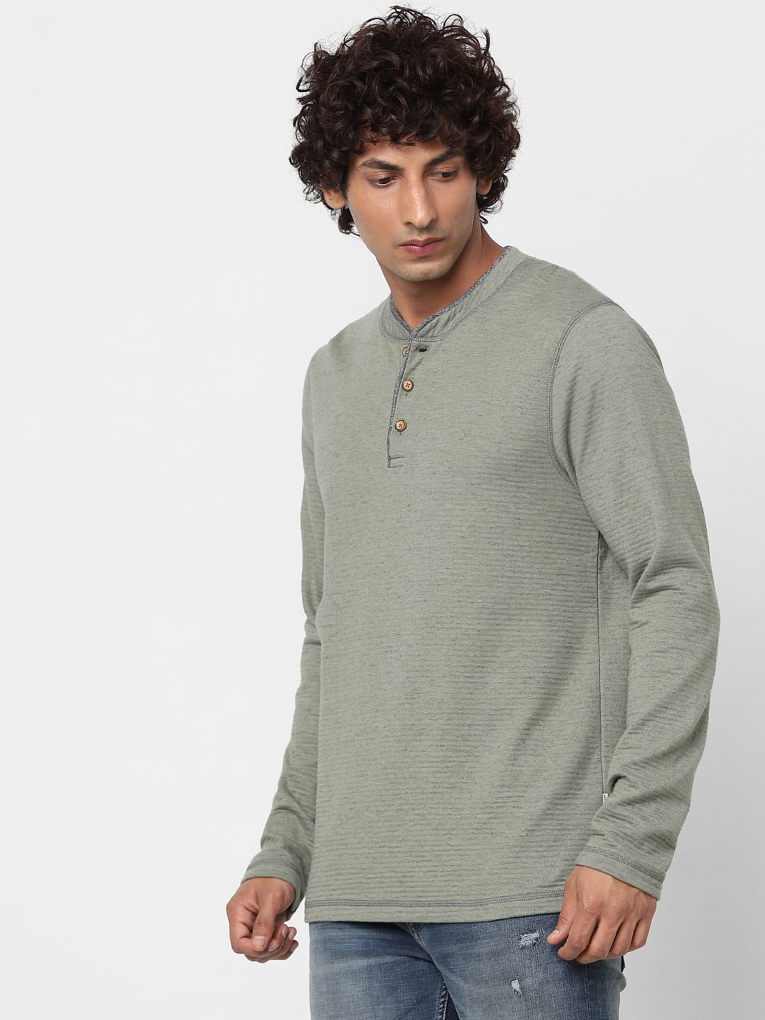 Green Long Sleeves Henley Neck T-shirt