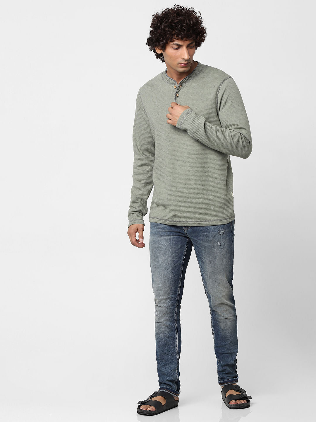 Green Long Sleeves Henley Neck T-shirt