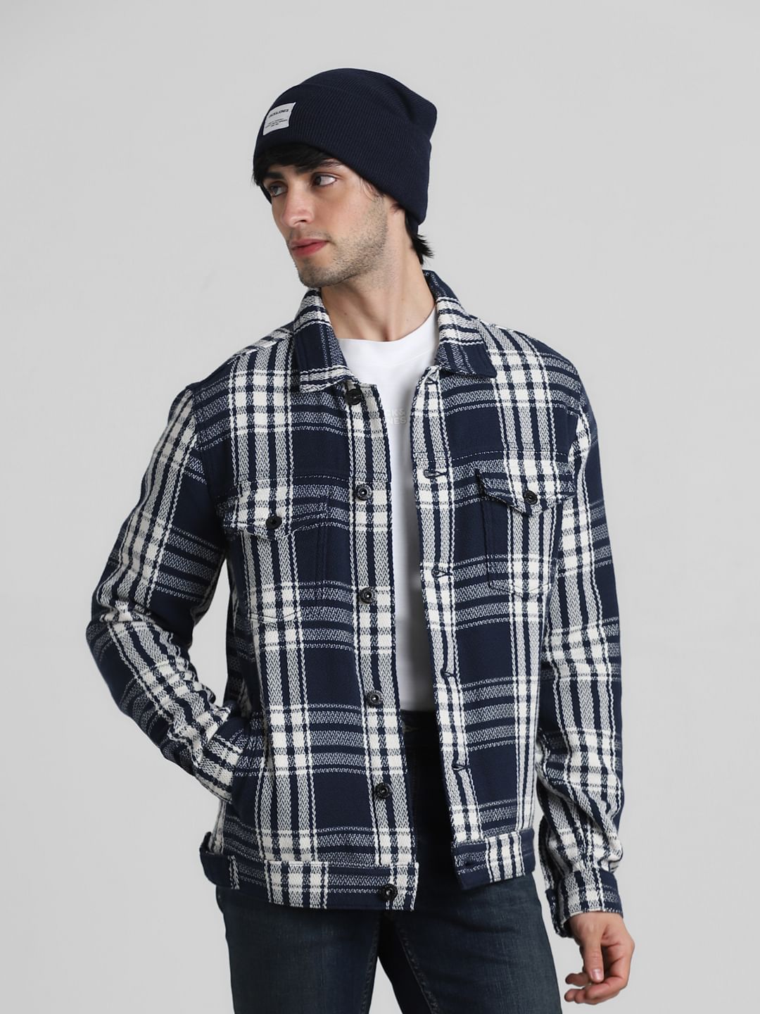 Navy Blue Check Cotton Jacket - S