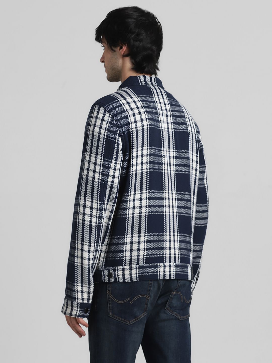 Navy Blue Check Cotton Jacket