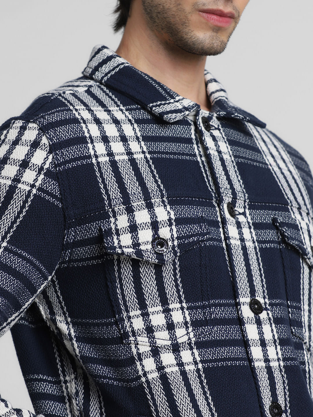 Navy Blue Check Cotton Jacket
