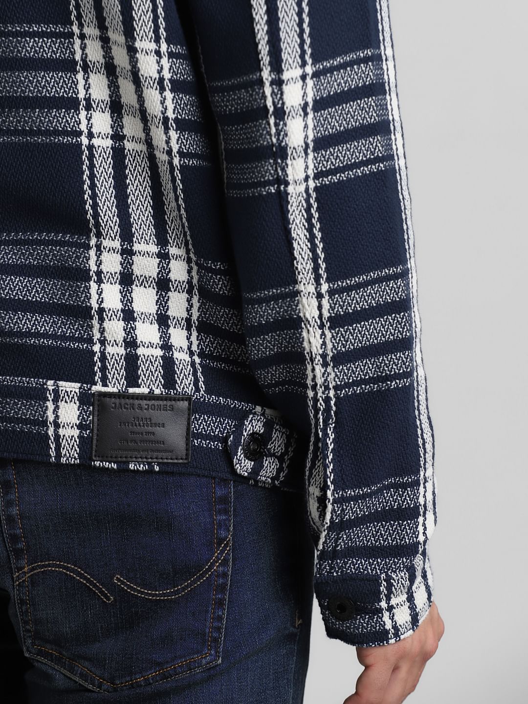 Navy Blue Check Cotton Jacket