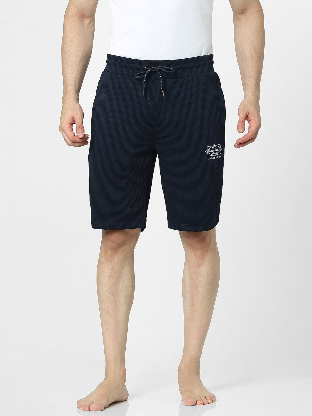 Navy Blue Mid Rise Logo Print Sweatshorts